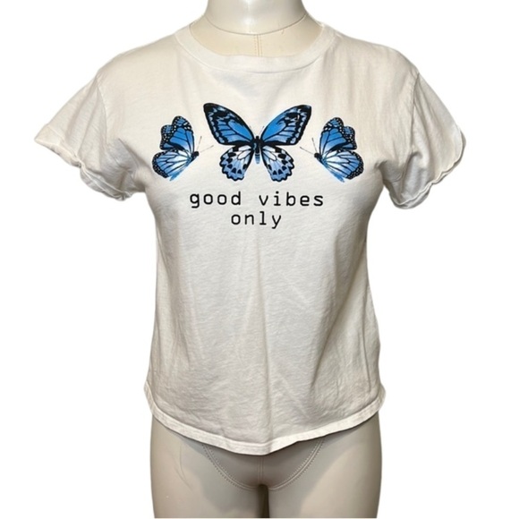 Women’s Cropped Good Vibes Only Blue Butterfly Short Sleeve Top - Picture 1 of 6